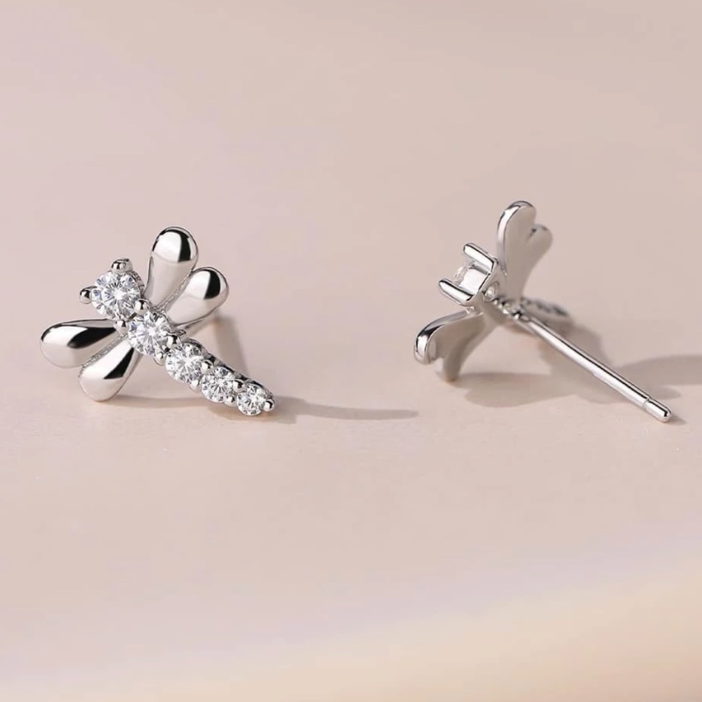 925 Sterling Silver Rhinestone Dragonfly Stud Earrings - Picture 3 of 4